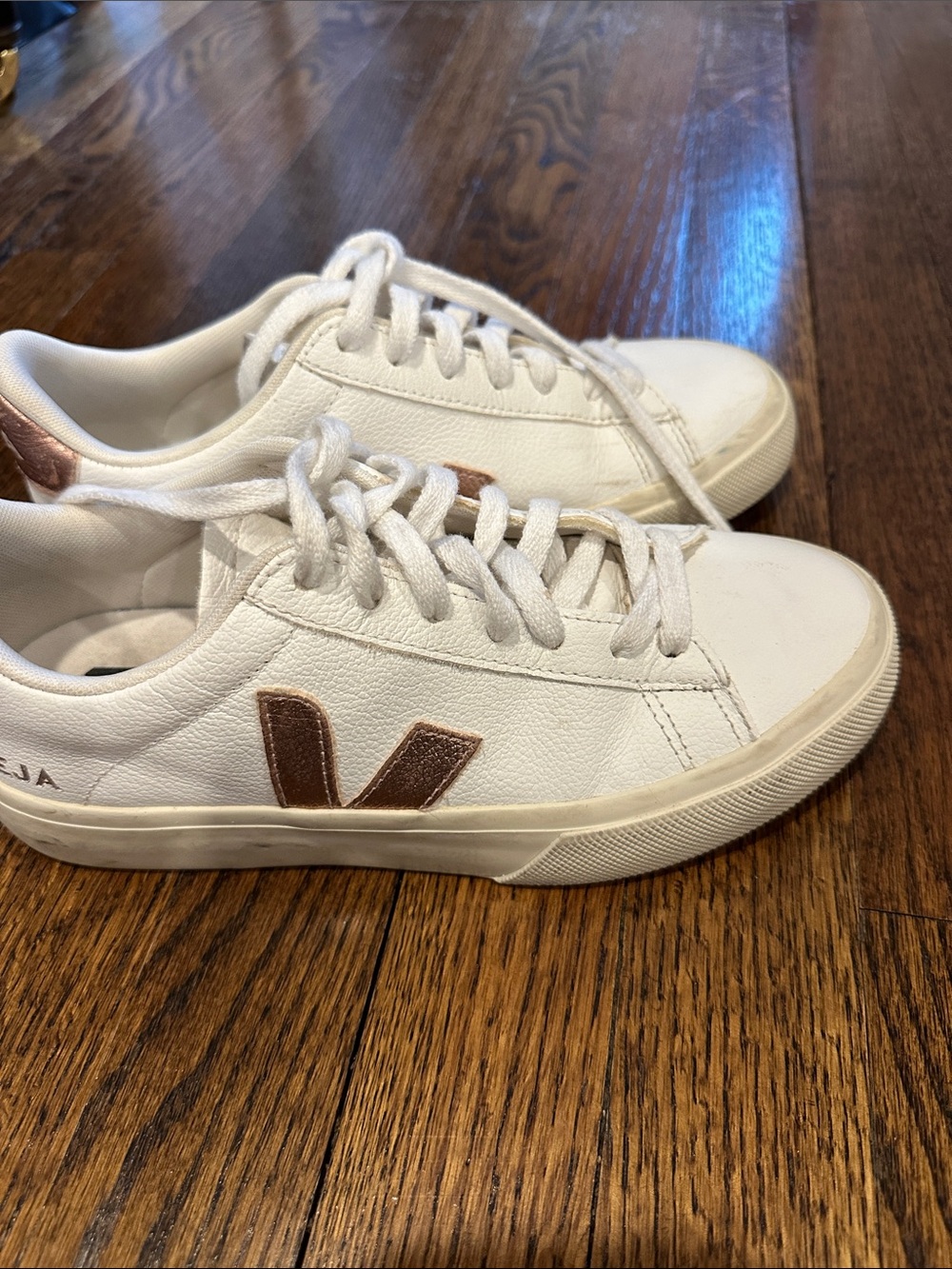 Veja White Leather Sneakers with Rose Gold V Logo